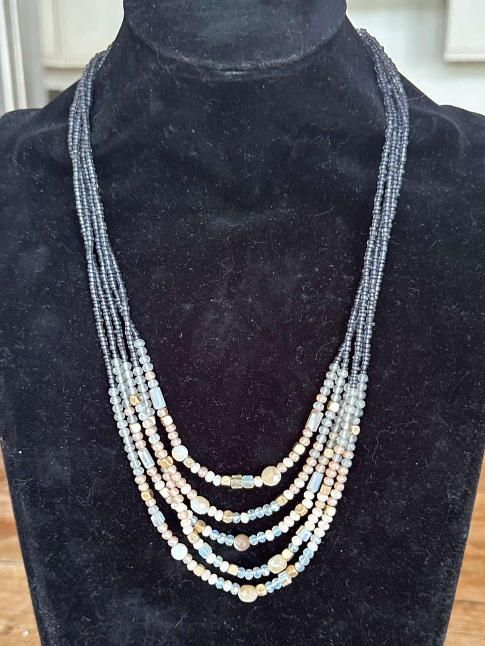 Boho Multi-Strand Gemstone Statement Necklace Gray Gold Blue